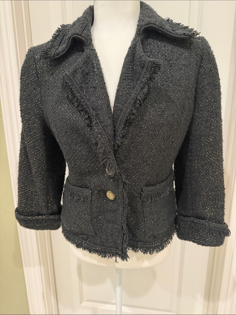 Jones New York Charcoal Fringed Tweed Blazer with Gold Button